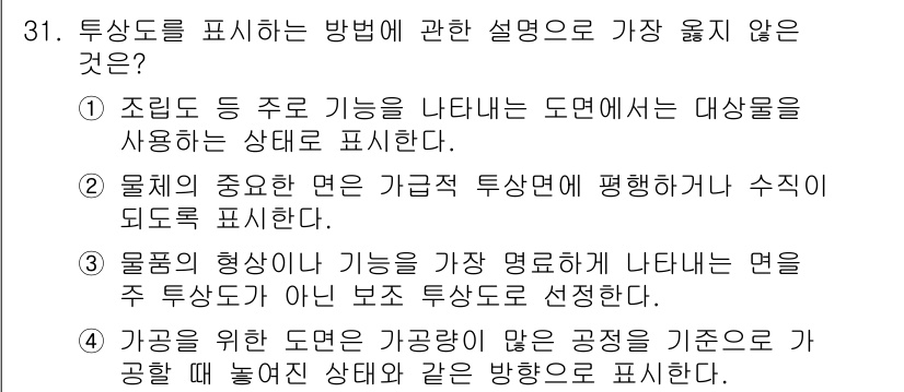 전산응용기계제도기능사 2016년 31번 - 기계 도면에서 가공 대상물의 형태와 기능을 표현하는 것이 중요하며, 이를... 에 관한 핵심 기출문제