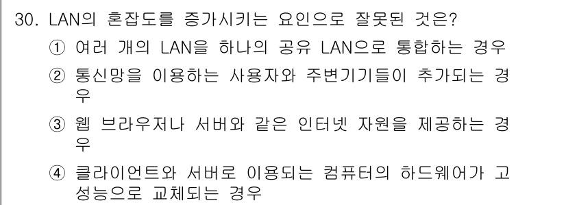 웹디자인개발기능사 2016년 30번 - 통신망을 이용해 사용자가 주변기기를 추가하는 경우, LAN의 혼잡도가 증... 에 관한 핵심 기출문제