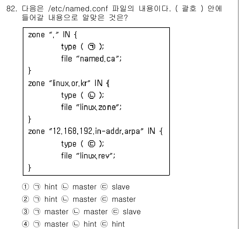 리눅스마스터_1급 2016년 82번 - 주어진 파일의 내용은 DNS 존(zone)을 정의하는 부분입니다. 각 존... 에 관한 핵심 기출문제