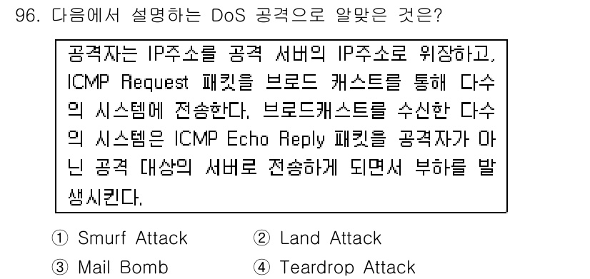 리눅스마스터_1급 2016년 96번 - . Smurf Attack

Smurf Attack은 공격자가 브로드캐스... 에 관한 핵심 기출문제