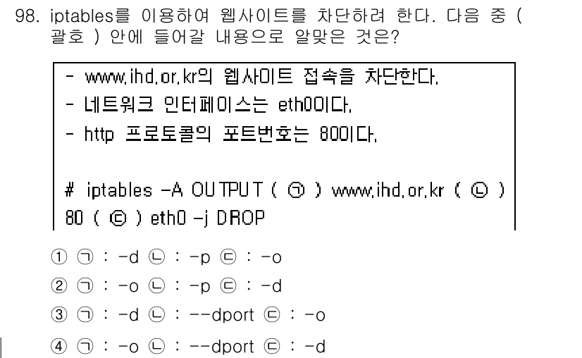 리눅스마스터_1급 2016년 98번 - 이 규칙은 A OUTPUT 체인이 지정된 IP(웹사이트)로 나가는 모든 ... 에 관한 핵심 기출문제