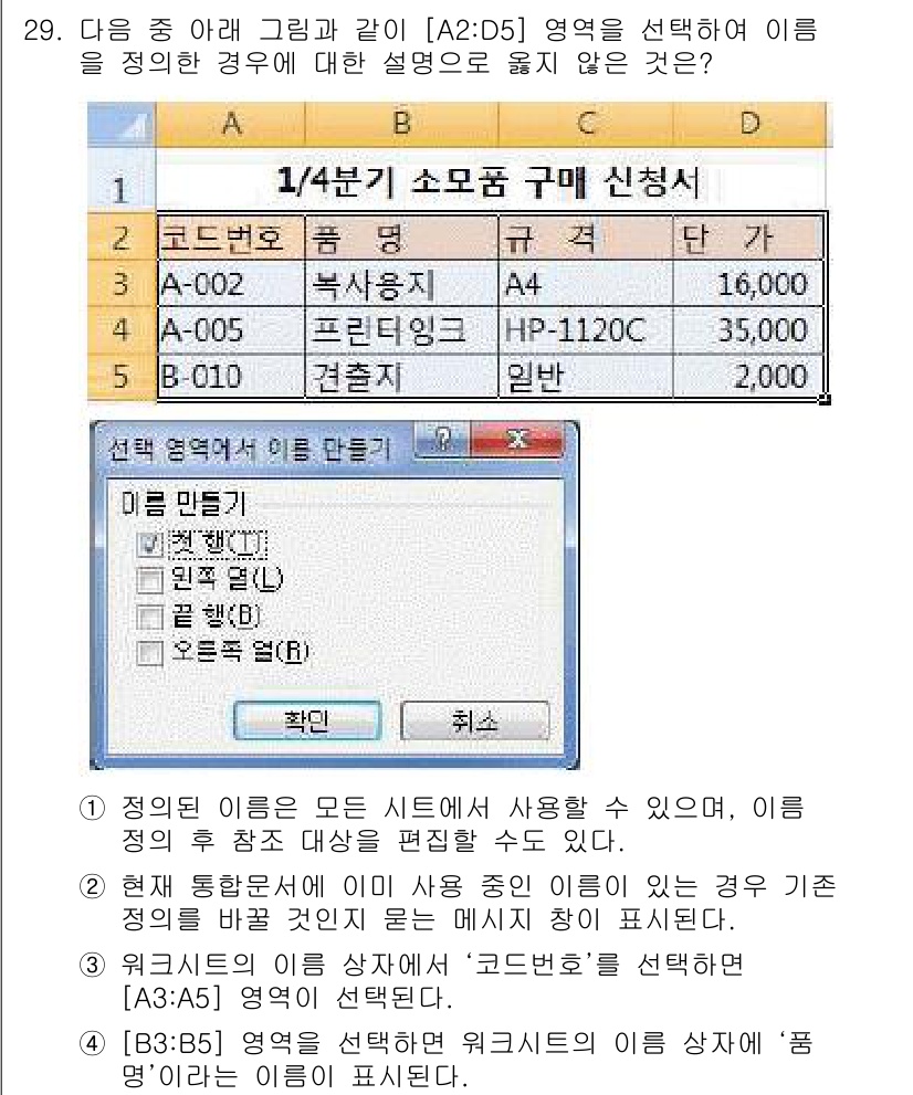 컴퓨터활용능력_2급 2016년 29번 - 정답은 1입니다. "정의된 이름"은 모든 시트에서 사용할 수 있지만, 선... 에 관한 핵심 기출문제