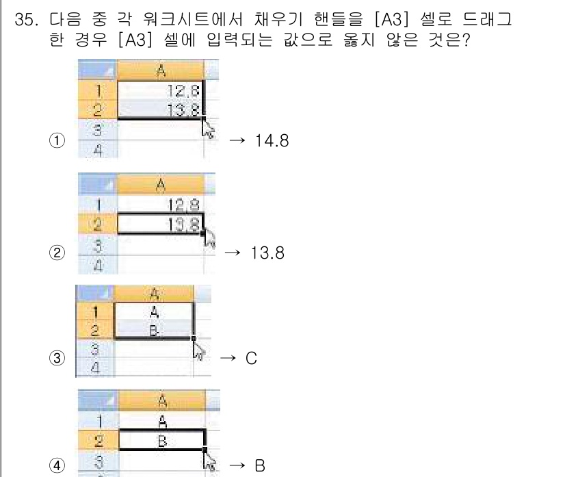 컴퓨터활용능력_2급 2016년 35번 - 정답은 3번 C입니다. A3 셀에 입력된 값이 다른 셀에 영향을 주지 않... 에 관한 핵심 기출문제