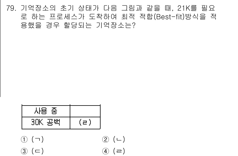 정보처리산업기사 2016년 79번 - . 

기억장소의 초기 상태와 30K의 공간이 필요하며, Best-fit... 에 관한 핵심 기출문제