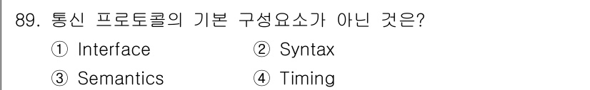 정보처리산업기사 2016년 89번 - 정답은 1번 Interface입니다. 통신 프로토콜의 기본 구성 요소는 ... 에 관한 핵심 기출문제