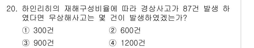 산업안전산업기사 2015년 20번 - 하인리히의 재해구성비율에 따르면, 1건의 중대 사고는 약 29건의 경미 ... 에 관한 핵심 기출문제