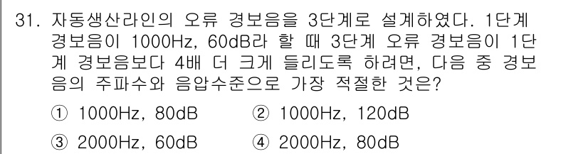 산업안전산업기사 2015년 31번 - 주어진 문제에서 3단계 오르기 위해 경보음을 4배 크게 만들면, 음압 레... 에 관한 핵심 기출문제