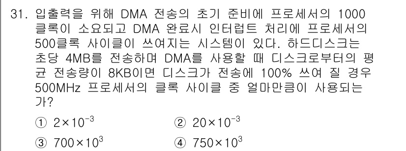 컴퓨터시스템기사(B형) 2015년 31번 - DMA 전송은 CPU의 개입 없이 데이터 전송이 이루어지므로 더 빠른 속... 에 관한 핵심 기출문제