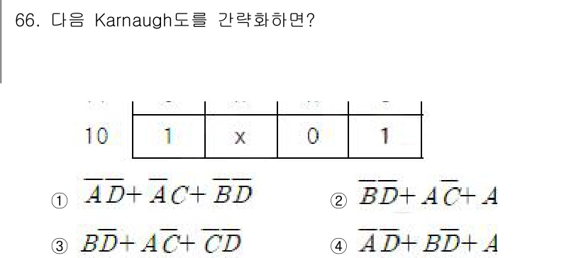 컴퓨터시스템기사(B형) 2015년 66번 - Karnaugh 도표를 간략화할 때, 각 조합의 공통된 항을 찾아서 묶습... 에 관한 핵심 기출문제