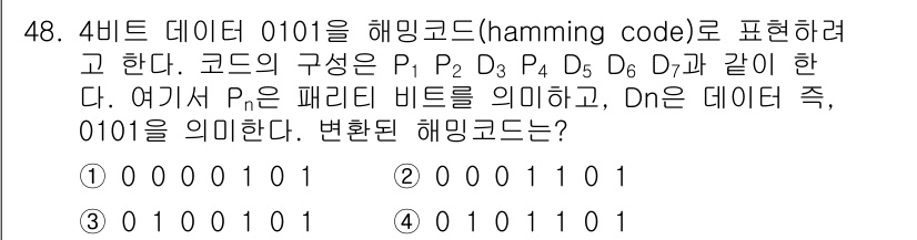 컴퓨터시스템기사(A형) 2016년 48번 - 4비트 데이터 1010을 Hamming code로 표현하면, 패리티 비트... 에 관한 핵심 기출문제