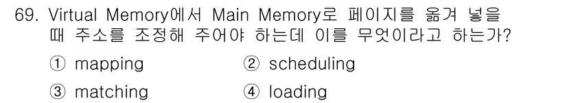 컴퓨터시스템기사(A형) 2016년 69번 - 정답은 2번 'scheduling'입니다. 가상 메모리 시스템에서 페이지... 에 관한 핵심 기출문제