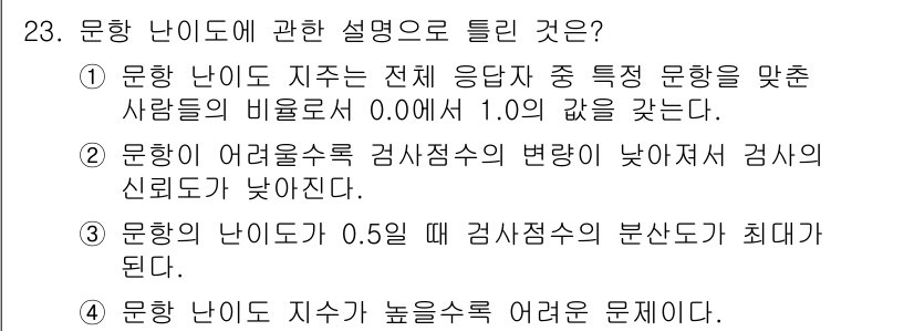 직업상담사_2급(구) 2016년 23번 - 문항 난이도에 대한 설명 중 옳은 것은 2번이다. 문항의 어려움이 증가할... 에 관한 핵심 기출문제