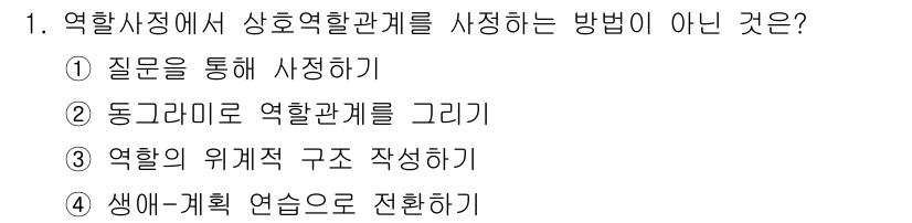 직업상담사_2급 2016년 1번 - . "역할의 위계적 구조 작성하기"는 상호역학관계를 사정하는 방법이 아니... 에 관한 핵심 기출문제