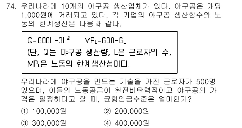 직업상담사_2급 2016년 74번 - 주어진 문제에서, 야구공의 생산량과 노동의 한계 생산성을 고려할 때, 최... 에 관한 핵심 기출문제