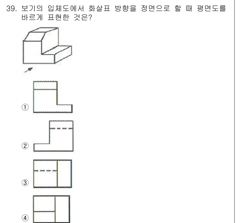 전산응용토목제도기능사 2015년 39번 - 1번 도면은 화살표 방향으로 입체도를 명확하게 평면도로 표현하며, 각 면... 에 관한 핵심 기출문제