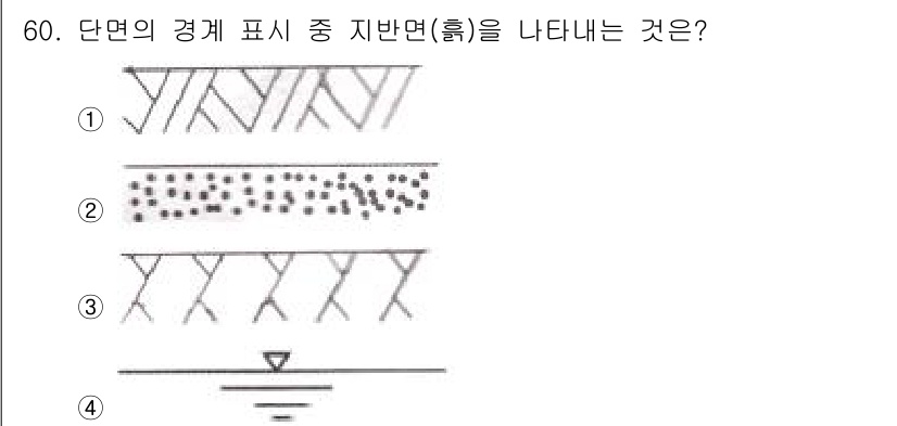 전산응용토목제도기능사 2016년 60번 - 정답 5번을 선택한 이유는, 5번의 도면이 지반면을 가장 명확하게 나타내... 에 관한 핵심 기출문제