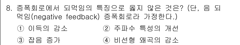 전파전자기능사(구) 2015년 8번 - 종특회로에서 외부의 영향을 줄이는 부정적 피드백은 주로 주파수 특성을 개... 에 관한 핵심 기출문제