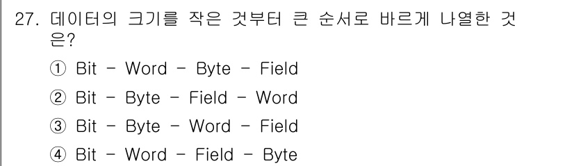 전자캐드기능사 2015년 27번 - 데이터의 크기 순서는 비트(Bit)가 가장 작고, 그 다음 바이트(Byt... 에 관한 핵심 기출문제
