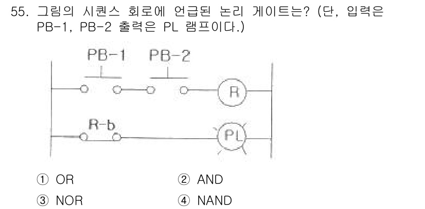 생산자동화기능사 2015년 55번 - 주어진 회로는 두 개의 입력(PB-1, PB-2)이 직렬로 연결되어 있으... 에 관한 핵심 기출문제