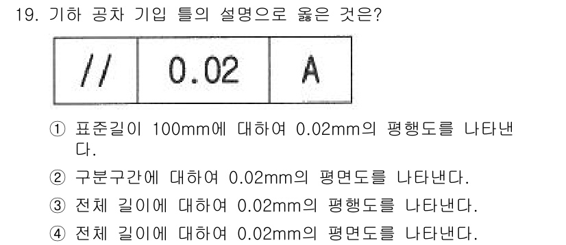 생산자동화기능사 2016년 19번 - 기하 공차에서 "평행도"는 기준면이나 기준선에 대해 설계된 기하적 요소의... 에 관한 핵심 기출문제