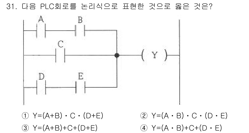 생산자동화기능사 2016년 31번 - 이 회로는 A와 B의 OR 연산 후, C와 D, E의 AND 연산을 결합... 에 관한 핵심 기출문제