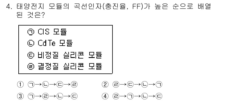 신재생에너지발전설비기능사 2016년 4번 - 정답은 4번, 결정질 실리콘 모듈입니다. 결정질 실리콘 모듈은 고효율을 ... 에 관한 핵심 기출문제