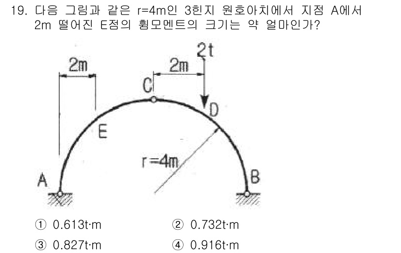 토목기사 2016년 19번 - 주어진 기하학적 구조에서 3진 원호의 반지름이 4m이므로, 지점 A에서 ... 에 관한 핵심 기출문제