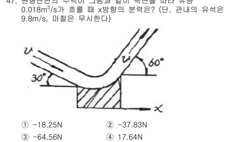 토목기사 2016년 47번 - 문제에서 주어진 흐름 속도를 바탕으로 유체의 압력 변화를 따르는 Bern... 에 관한 핵심 기출문제