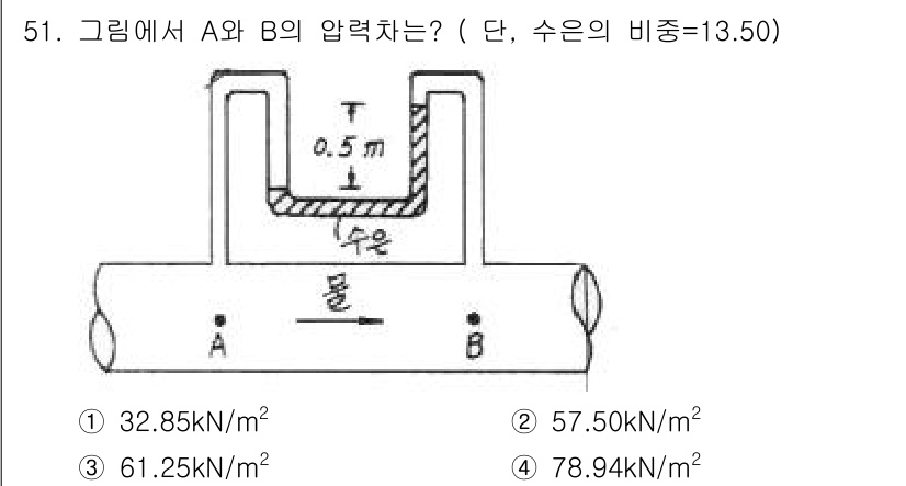 토목기사 2016년 51번 - 압력 차는 유체의 밀도와 높이에 따라 결정됩니다. 주어진 문제에서 수은의... 에 관한 핵심 기출문제