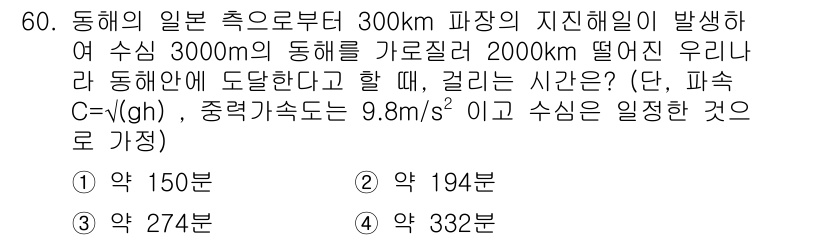 토목기사 2016년 60번 - 문제에서 요구하는 것은 동해의 일반 속도로부터 300 km 떨어진 지점에... 에 관한 핵심 기출문제