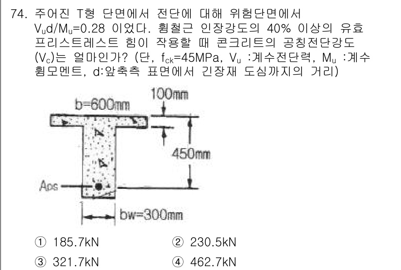토목기사 2016년 74번 - 주어진 문제에서 전단 응력 \( \tau \)는 주어진 공식에 따라 계산... 에 관한 핵심 기출문제