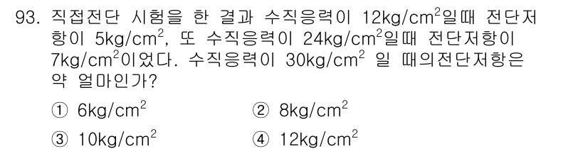 토목기사 2016년 93번 - 주어진 수치와 수식을 이용해 전단 저항을 계산하면 됩니다. 수직응력과 전... 에 관한 핵심 기출문제