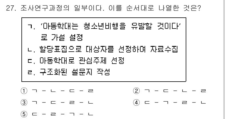사회복지사_1급(1교시)(구) 2015년 27번 - 문항에서 요구하는 사항을 순서대로 나열하면 연구의 목적과 방법론을 명확히... 에 관한 핵심 기출문제