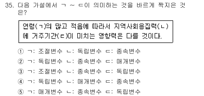 사회복지사_1급(1교시)(구) 2015년 35번 - 해당 문제에서 지문의 의미는 독립변수와 종속변수 간의 관계를 다루고 있습... 에 관한 핵심 기출문제