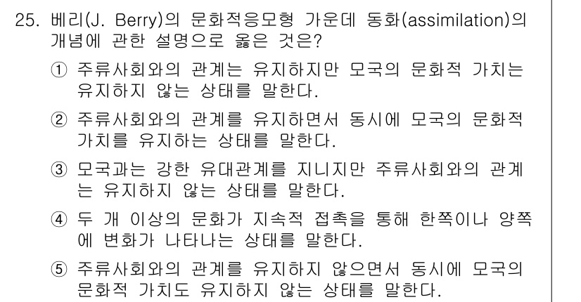사회복지사_1급(1교시) 2015년 25번 - J. Berry의 문화적응 모형에서 동화(assimilation)는 주류... 에 관한 핵심 기출문제