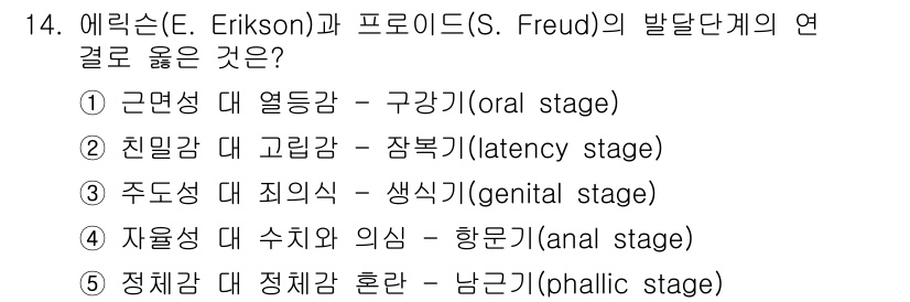 사회복지사_1급(1교시) 2016년 14번 - 정답 4번은 에릭슨의 단계인 '주도감 대 죄의식'이 프로이드의 '생식기 ... 에 관한 핵심 기출문제