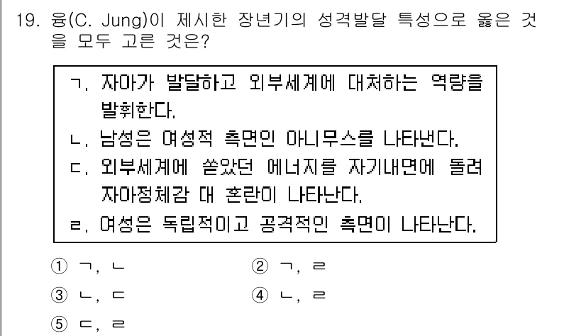 사회복지사_1급(1교시)(구) 2017년 19번 - C. Jung에 따르면, 요청된 성격발달 특징들은 여성의 독립적인 자아 ... 에 관한 핵심 기출문제