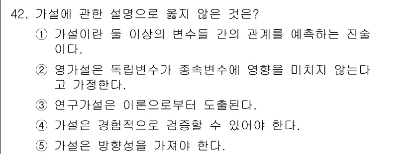 사회복지사_1급(1교시)(구) 2017년 42번 - . 가설은 방향성을 가져야 한다.

해설: 가설은 특정 현상 간의 관계를... 에 관한 핵심 기출문제