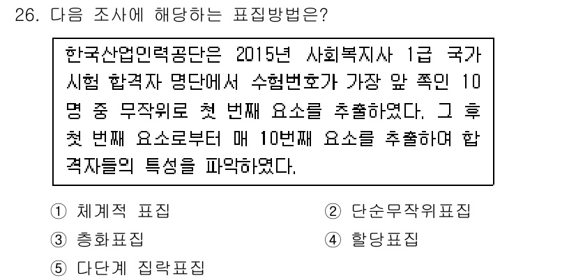 사회복지사_1급(1교시) 2017년 26번 - . 

이유: 한국산업인력공단의 사회복지사 1급 시험에서 채택된 표집 방... 에 관한 핵심 기출문제