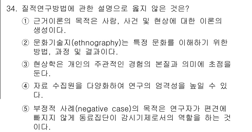 사회복지사_1급(1교시) 2017년 34번 - 5번은 부정적 사례(negative case)의 목적이 연구자가 편견에 ... 에 관한 핵심 기출문제