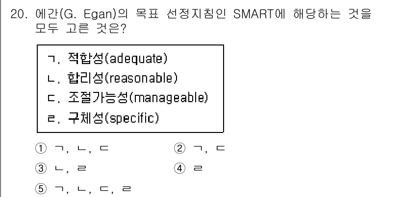 사회복지사_1급(2교시) 2015년 20번 - Egan의 SMART 원칙에서 목표 설정 시 요구되는 요소는 구체성(sp... 에 관한 핵심 기출문제