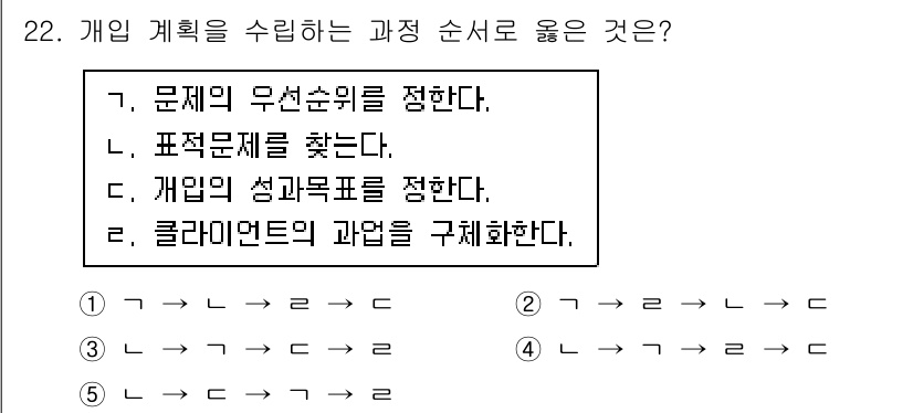 사회복지사_1급(2교시) 2015년 22번 - 정답은 2입니다. 문제의 우선순위를 정의하는 것은 계획의 기초를 마련하는... 에 관한 핵심 기출문제