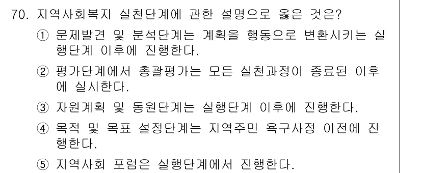 사회복지사_1급(2교시) 2015년 70번 - 정답 5번은 "지역사회 복지 실천단계에 대한 설명"으로, 실천단계는 지역... 에 관한 핵심 기출문제