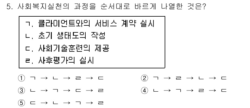사회복지사_1급(2교시)(구) 2016년 5번 - 사회복지실천의 과정은 문제 이해, 목표 설정, 개입 및 평가의 순서로 진... 에 관한 핵심 기출문제