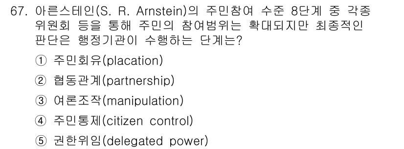 사회복지사_1급(2교시)(구) 2016년 67번 - 아른스틴(S. R. Arnstein)의 참여 참여 수조 8단계에서 "주민... 에 관한 핵심 기출문제