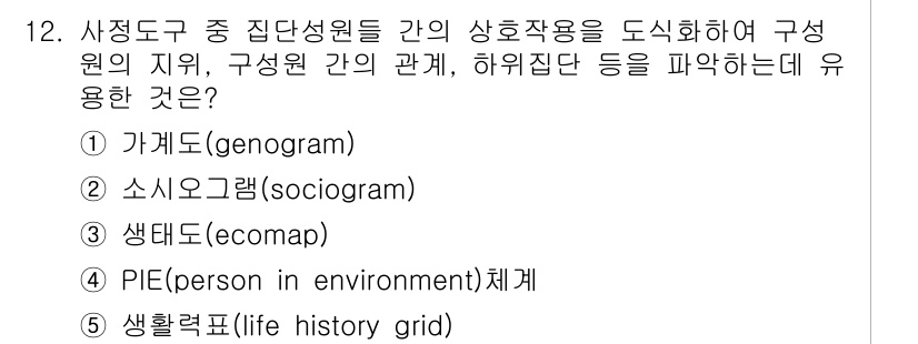 사회복지사_1급(2교시) 2016년 12번 - . 가계도(genogram)

가계도는 가족 구성원의 관계와 상호작용을 ... 에 관한 핵심 기출문제