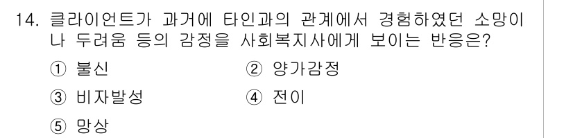 사회복지사_1급(2교시) 2016년 14번 - . 불신  
해설: 클라이언트가 과거에 타인과의 관계에서 부정적인 경험을... 에 관한 핵심 기출문제