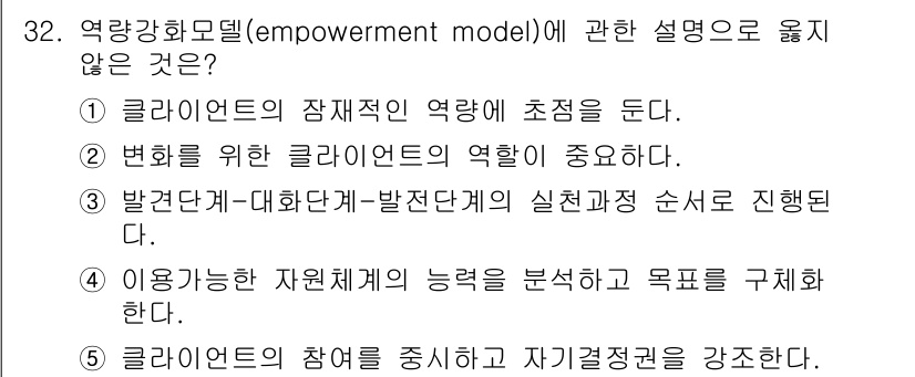 사회복지사_1급(2교시) 2016년 32번 - 해당 자격증의 핵심 개념을 묻는 객관식 문제