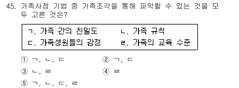 사회복지사_1급(2교시) 2016년 45번 - 가족사정 기법 중 가족조각은 가족 구성원 간의 관계를 시각적으로 표현하여... 에 관한 핵심 기출문제