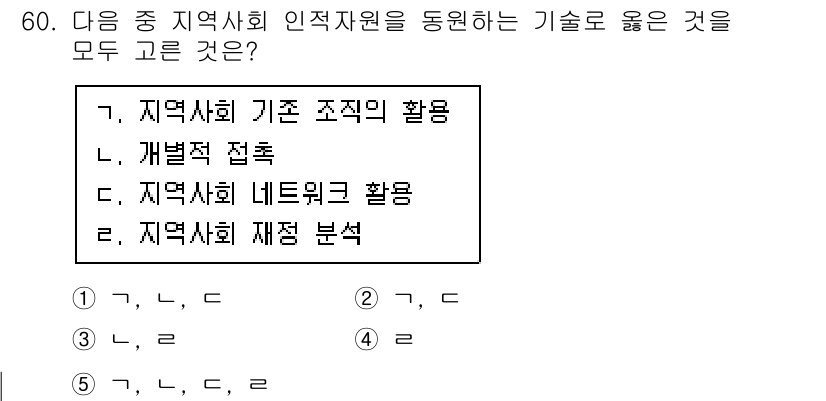사회복지사_1급(2교시) 2016년 60번 - 지역사회 인적 자원을 활용하기 위해서는 기존 조직의 역할, 개별적 접근,... 에 관한 핵심 기출문제